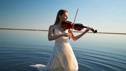 湖面拉琴的优雅女性