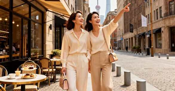 上海街头两女性朋友逛街指路