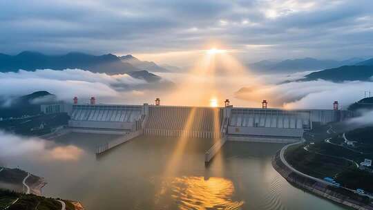 航拍云雾缭绕下的长江三峡大坝日出壮丽延时