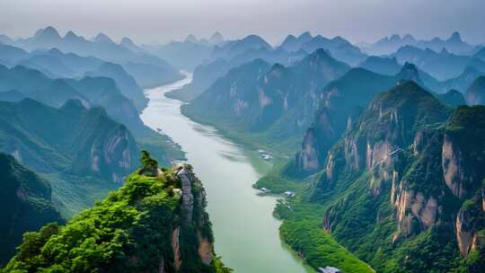 秀丽山河风光 群峰间的河流景观