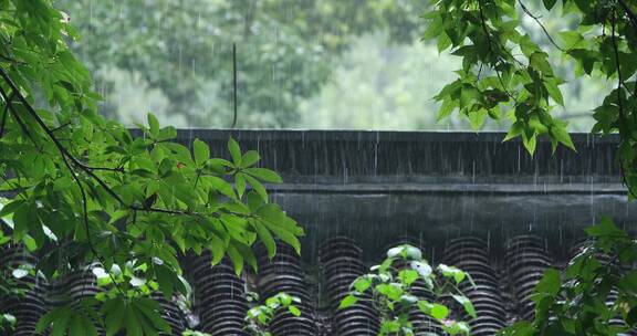 江南雨季中式园林建筑绿植雨滴空镜