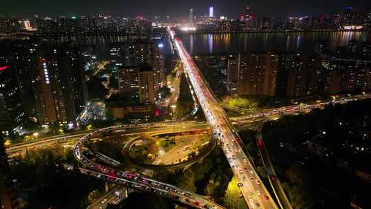 杭州钱塘江复兴立交桥夜晚夜景航拍复兴大桥