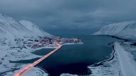 4k风景航拍冬天冰岛海域夜晚雪景