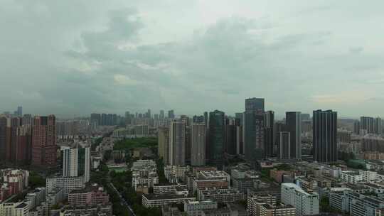 航拍阴天下的深圳宝安中心区城市全景