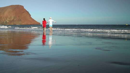 海边散步的情侣背影视频素材模板下载