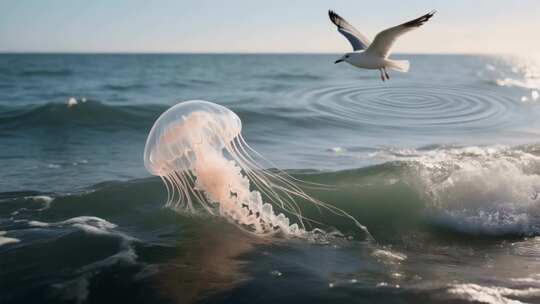 海面上海鸥与水母同框画面
