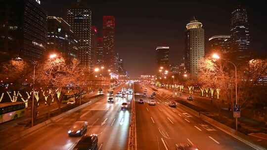 北京CBD城市夜景国贸桥节日夜景车流