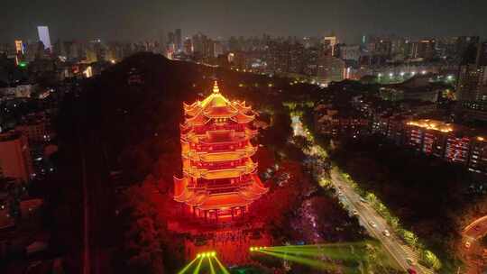 武汉黄鹤楼夜晚夜景航拍湖北武昌区地标建筑