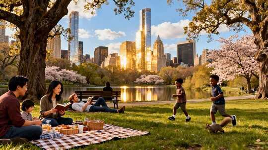 公园家庭野餐及儿童嬉戏场景