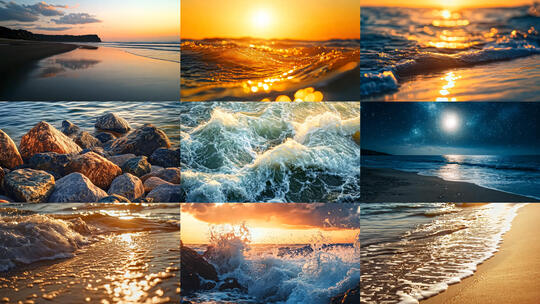 海浪浪花拍打扑向海岸岸边逆光特写