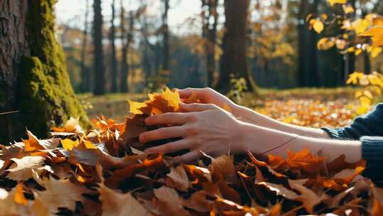 人手捧秋天落叶的森林场景