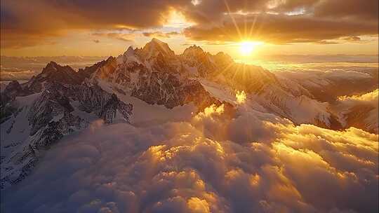 唯美雪山航拍日照金山日出云海早晨清晨风景