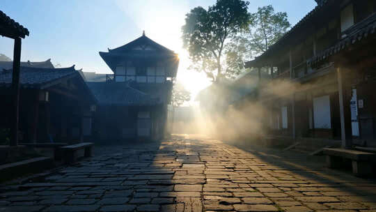 古风街道晨雾阳光