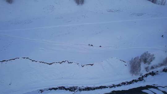 雪山森林河流村庄航拍