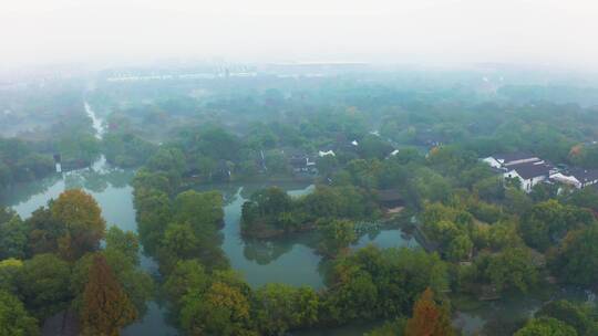 杭州西溪湿地公园初秋晨曦晨雾航拍