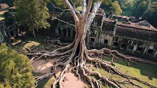 古树缠绕古老建筑俯瞰
