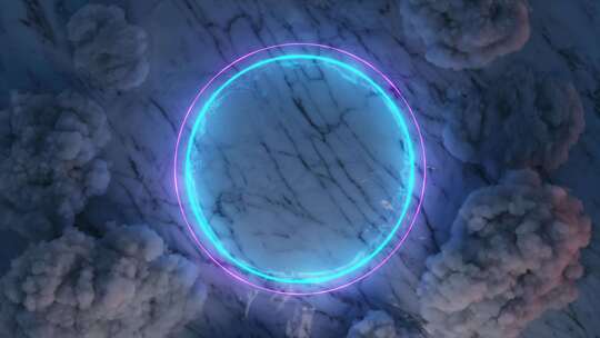 霓虹蓝环悬停在动态云场上的抽象3D视觉，