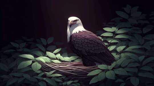 雄鹰守护巢穴于绿叶丛中尽显威严