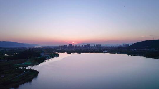 杭州湘湖旅游风景度假区日落航拍