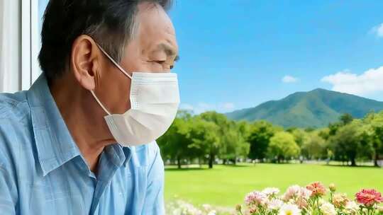 戴口罩老人窗边赏景