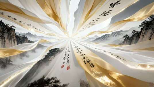 古风山水间飘飞书法绸带