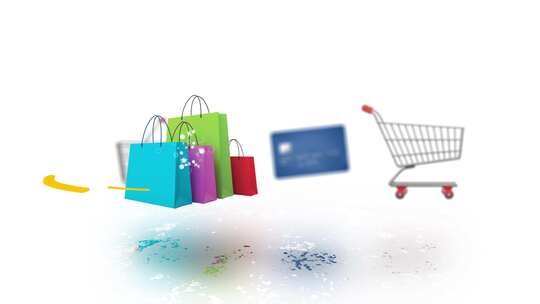 购物车、购物袋和信用卡的动画旋转。电子商视频素材模板下载