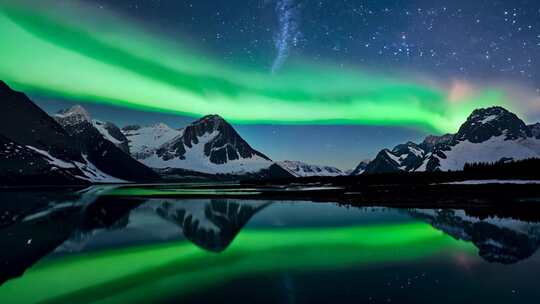 极光下的雪山湖泊夜景