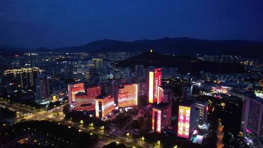 福建龙岩城市夜幕降临晚霞夜景灯光航拍