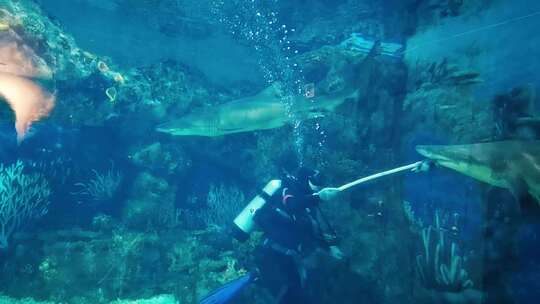 海洋公园潜水员喂食大白鲨
