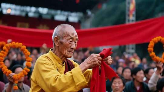 老人寺庙前手持红布场景