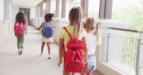 不同女孩在学校走廊散步和交谈的背影视频