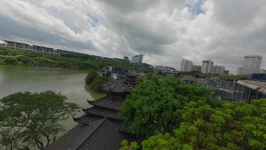 航拍广西首府南宁民歌湖风雨桥穿越机fpv