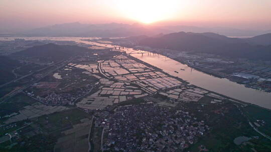 航拍珠海虎跳门水道晚霞西江出海口