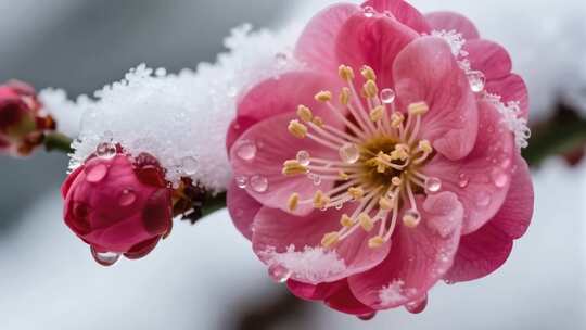 覆雪粉色梅花特写