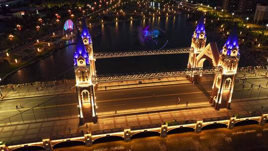 新疆布尔津网红桥夜景航拍