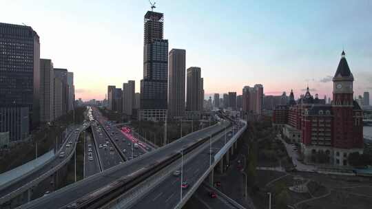 天津海河复兴门地铁站海津大桥城市交通风光