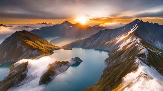 高山湖泊日出全景