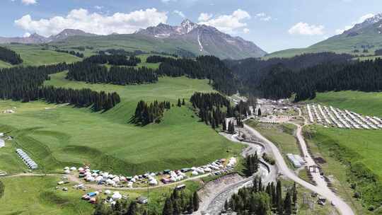 新疆独库公路中途雪山草原美景