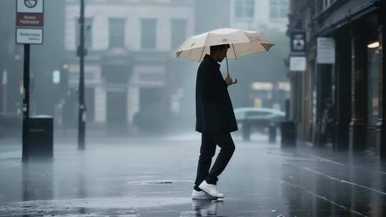 雨天行人撑伞走在街道