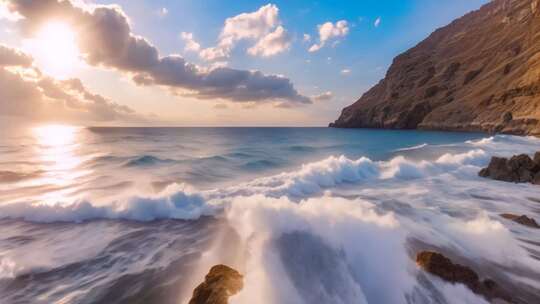 海边夕阳海浪拍打岩石景观