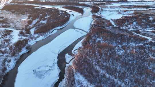 航拍呼伦贝尔冬季风光海拉尔河湿地雪景