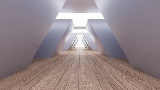 穿梭在木地板几何体建筑空间3D渲染