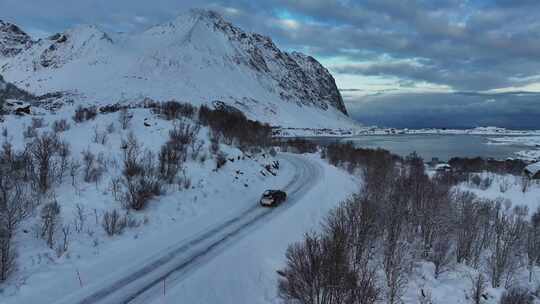 挪威罗弗敦群岛北极圈雷纳冬季雪景高空航拍