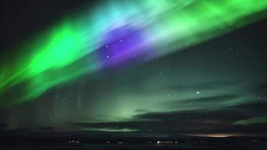 北极光闪耀着绿色和紫色