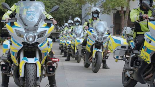 广东巡逻骑警视频摩托车队警察形象准备出发视频素材模板下载
