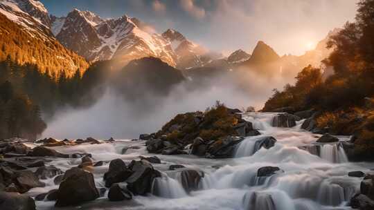 山间溪流与雪山日出美景