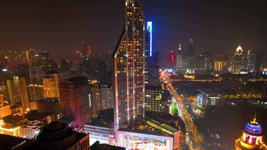 上海市黄浦区外滩南京东路商业繁华区上海世茂广场夜晚夜景俯拍车流航拍延时城市风景风光9视频素材模板下载