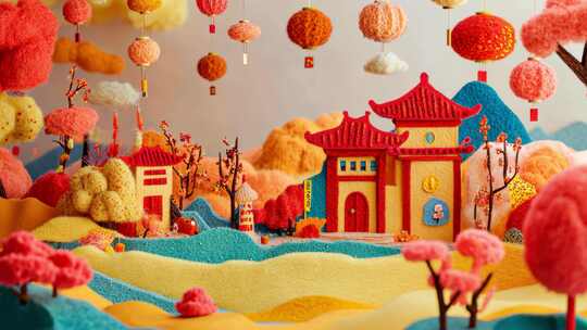 羊毛毡风格喜庆中式场景
