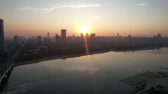 山东日照城市夕阳晚霞日落航拍