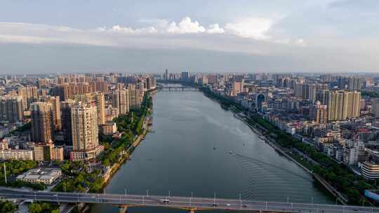 日落黄昏航拍衡阳湘江沿岸道路交通城市风光